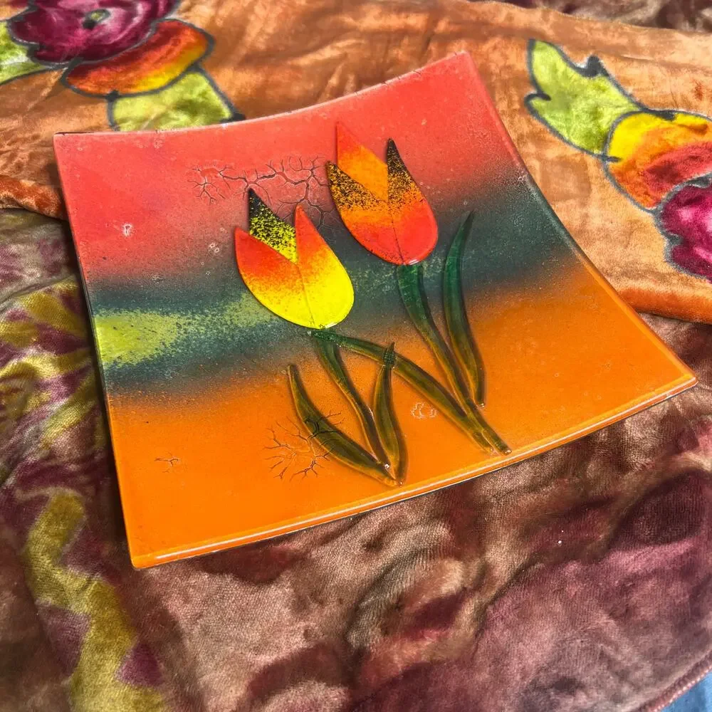 Square Fused Art Glass Tulip Platter Bowl Wall Hanging Handmade Vintage 70s